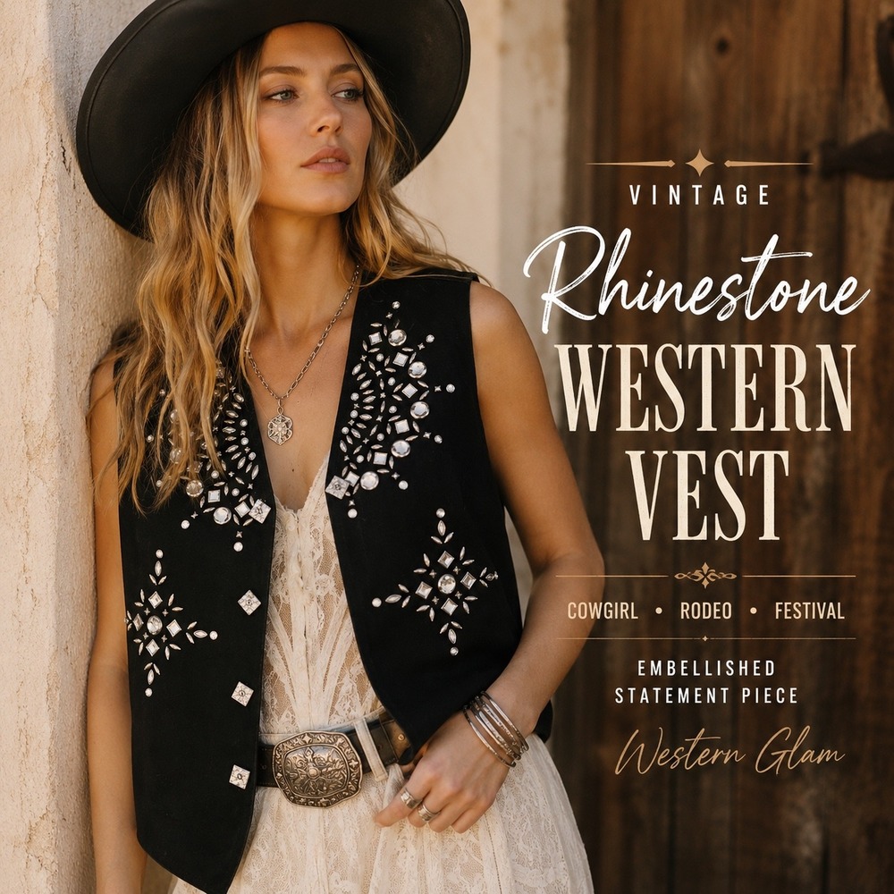 Vintage Black Rhinestone Western Vest Cowgirl Rodeo Festival Y2K Boho Glam